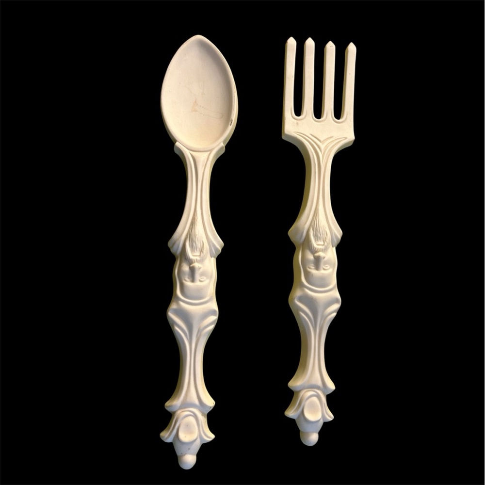 Elegant Cream Porcelain Clay Fork & Spoon With Wizard Face Decor